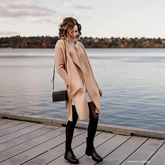 Women Classy Light TanBlack Open Front Knit Coat Cardigan - Image 6