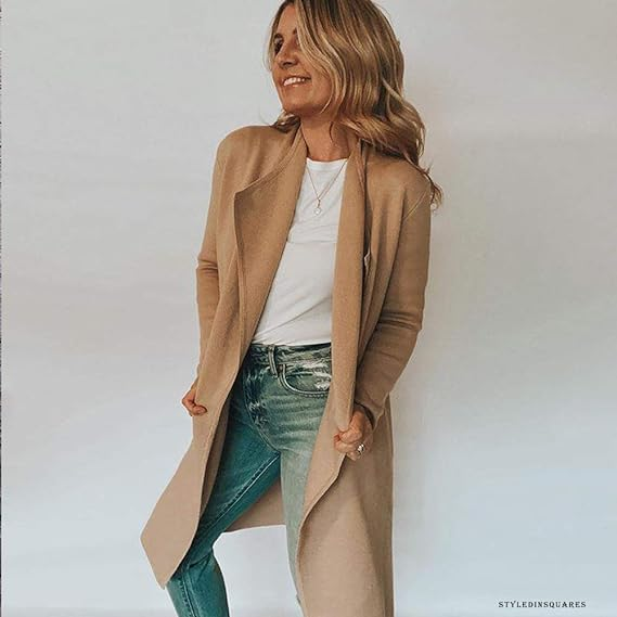 Women Classy Light TanBlack Open Front Knit Coat Cardigan - Image 4