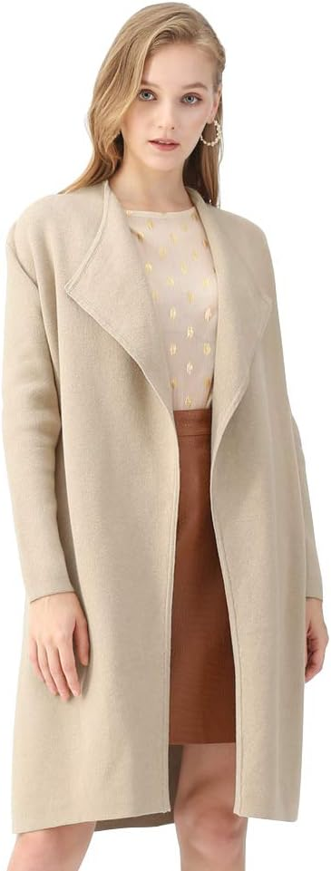 Women Classy Light TanBlack Open Front Knit Coat Cardigan - Image 3