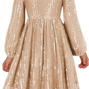 Girl Sequin Party Dress Long Sleeve A-Line Dresses 5-12Y