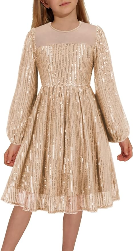 Girl Sequin Party Dress Long Sleeve A-Line Dresses 5-12Y