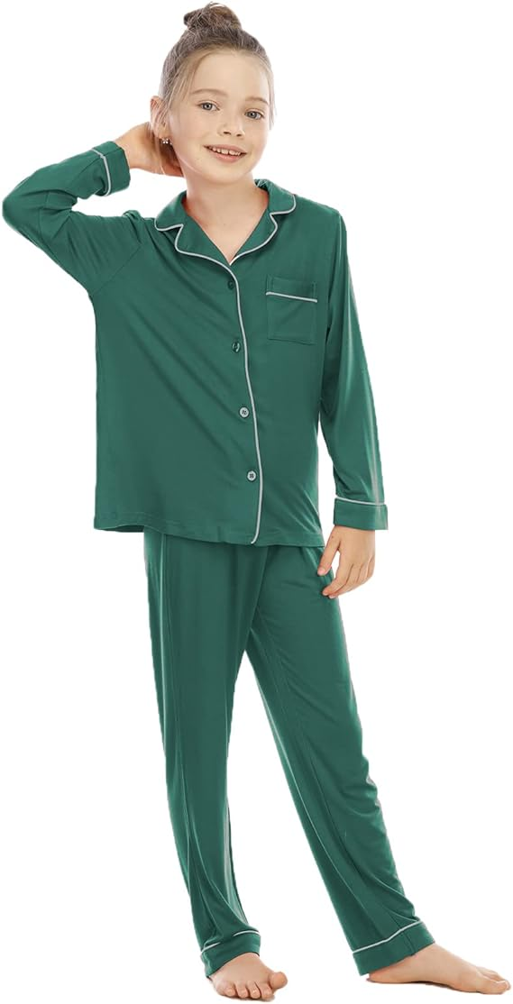 Girls Boys Pajamas Long Sleeve Sleepwear Button-Down 2 Pcs