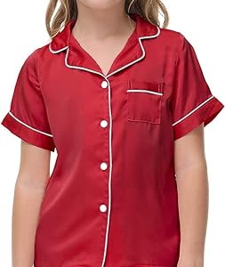 Girls Silk Short Sleeve 2 Piece Button-Down Kids Sleepwear