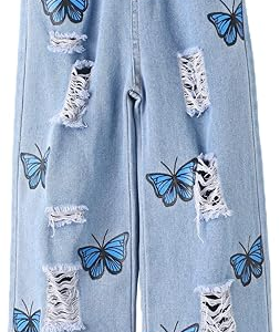 Girl Butterfly Print Elastic Waist Ripped Denim Pants