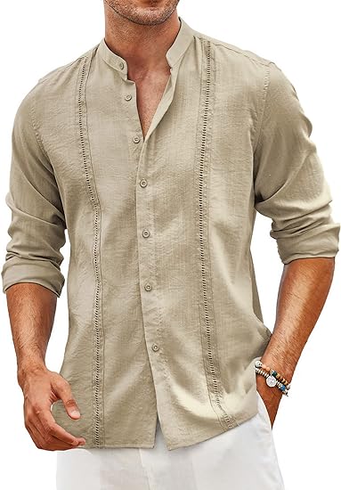 Cuban Casual Button Band Collar Linen Summer Beach Shirts - Image 3