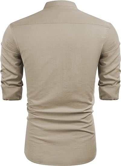 Cuban Casual Button Band Collar Linen Summer Beach Shirts - Image 4