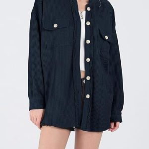 Loose Fit Batwing Sleeve Waffle Knit Button Down Shirt Tops