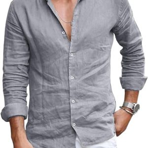 Mens Cotton Linen Button Down Shirt Long Summer Sleeve