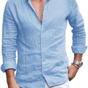 Mens Button Down Shirt Linen Cotton Casual Long Sleeve