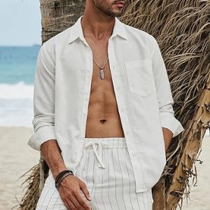 Mens Cotton Linen Stylish Button Long Sleeve Shirts