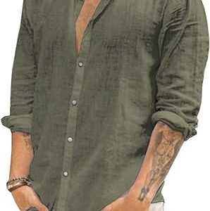 Mens Casual Button Down Cotton Linen Shirts Long Sleeve