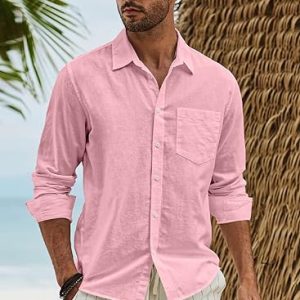 Mens Cotton Linen Casual Stylish Button Long Sleeve Shirts