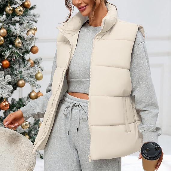 Women Outerwear Vests Sleeveless Stand Collar Oversized Zip - Image 5