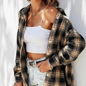 Womens Flannel Plaid Shirts Oversized Button Down Blouse