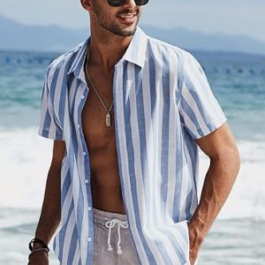Mens Casual Stylish Short Sleeve Button-Up Striped Shirts