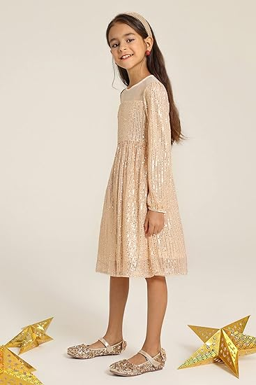 Girl Sequin Party Dress Long Sleeve A-Line Dresses 5-12Y - Image 4
