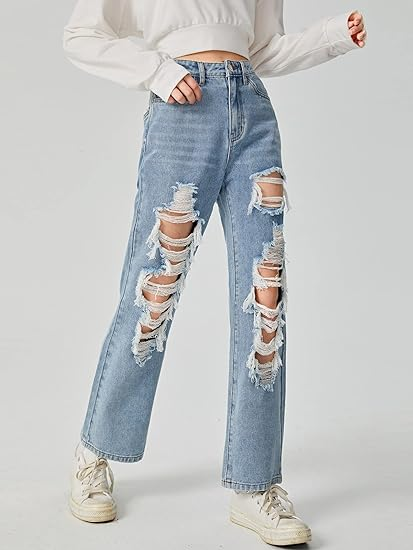 Girl Figure Graphic Print High Waist Ripped Jeans Casual - Image 3