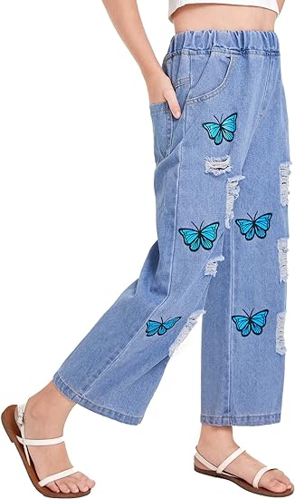 Girl Butterfly Print Elastic Waist Ripped Denim Pants - Image 5