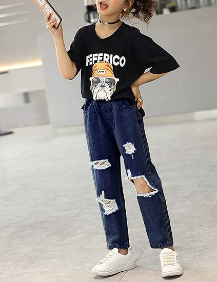 Ripped Jeans for Teen Girls Elastic Waist Cute Girls Pants - Image 2