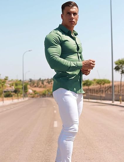 Mens Muscle Slim Fit Stretch Long&Short Sleeve Button Shirt - Image 2