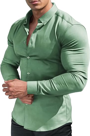 Mens Muscle Slim Fit Stretch Long&Short Sleeve Button Shirt - Image 5
