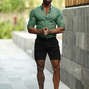 Mens Muscle Slim Fit Stretch Long&Short Sleeve Button Shirt