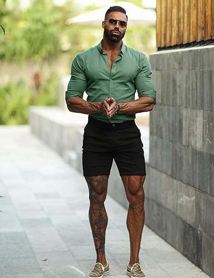 Mens Muscle Slim Fit Stretch Long&Short Sleeve Button Shirt